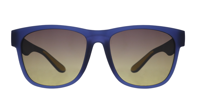 Front view of navy blue sunglasses with square-shaped amber gradient lenses.