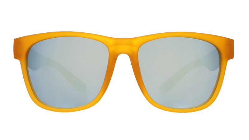 Front view of wide-fit orange sunglasses with square light blue reflective lenses.