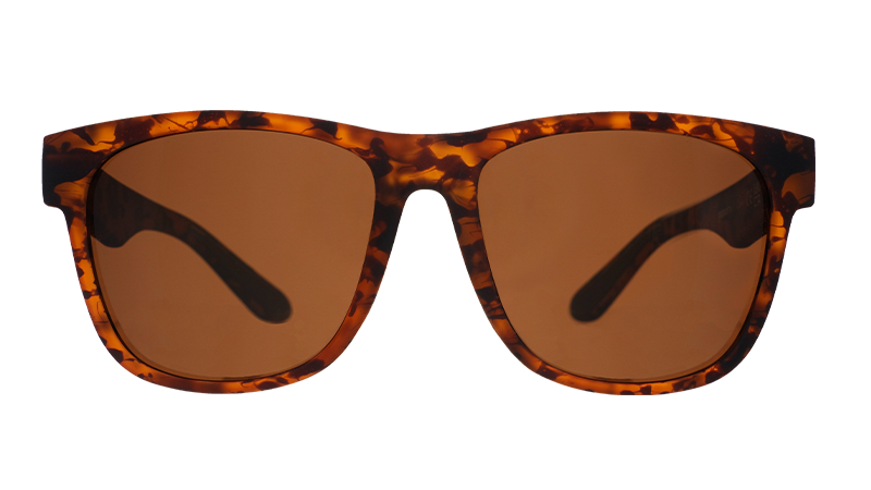 Front view of large square-shaped brown tortoiseshell sunglasses with brown non-reflective lenses.